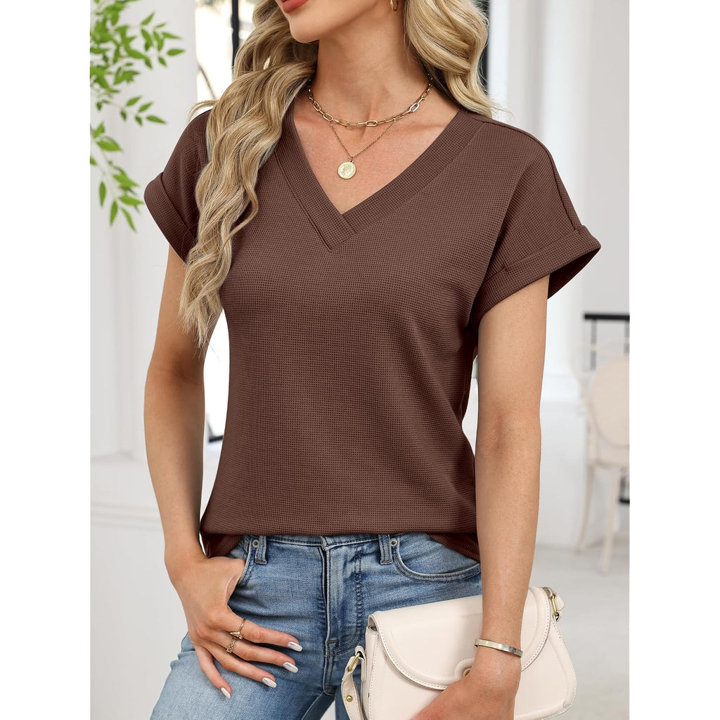 Anrabess Womens Waffle Knit Tops 2026 Summer Casual Short Sleeve V Neck T Shirts Basic Work Tee Spring Vacation Blouses