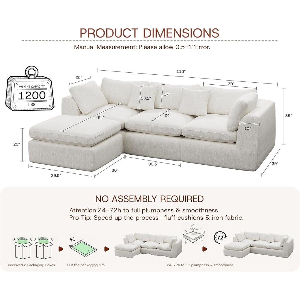 110'' Oversized Boneless Cloud Couch For Living Room, Modern Big Sectional Compressed L Shape Couch With Ottoman, Comfy Chenille Deep Seat Memory Foam Spineless 4 Seater Sofa, Beige
