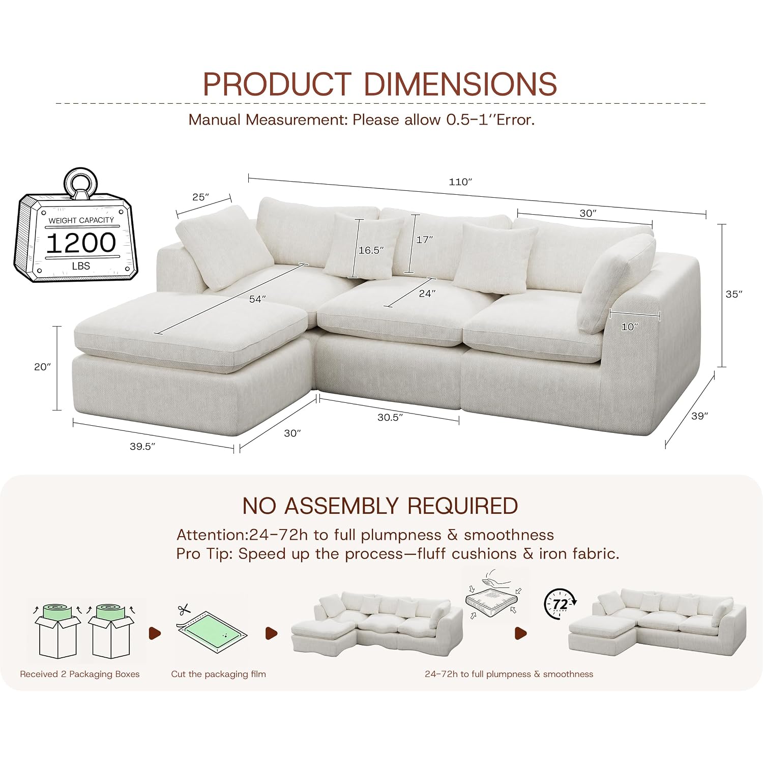 110'' Oversized Boneless Cloud Couch For Living Room, Modern Big Sectional Compressed L Shape Couch With Ottoman, Comfy Chenille Deep Seat Memory Foam Spineless 4 Seater Sofa, Beige