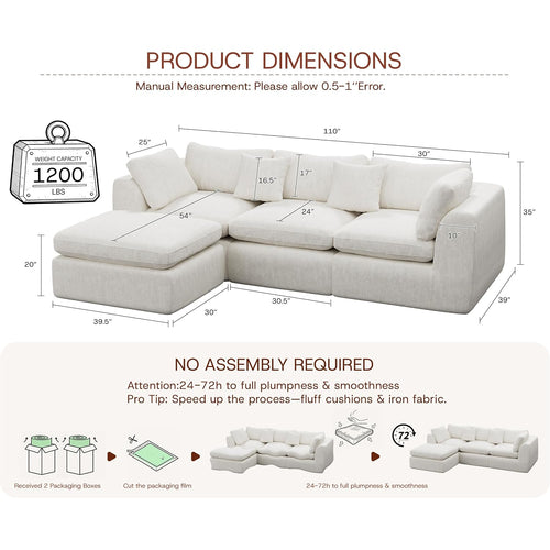 110'' Oversized Boneless Cloud Couch For Living Room, Modern Big Sectional Compressed L Shape Couch With Ottoman, Comfy Chenille Deep Seat Memory Foam Spineless 4 Seater Sofa, Beige