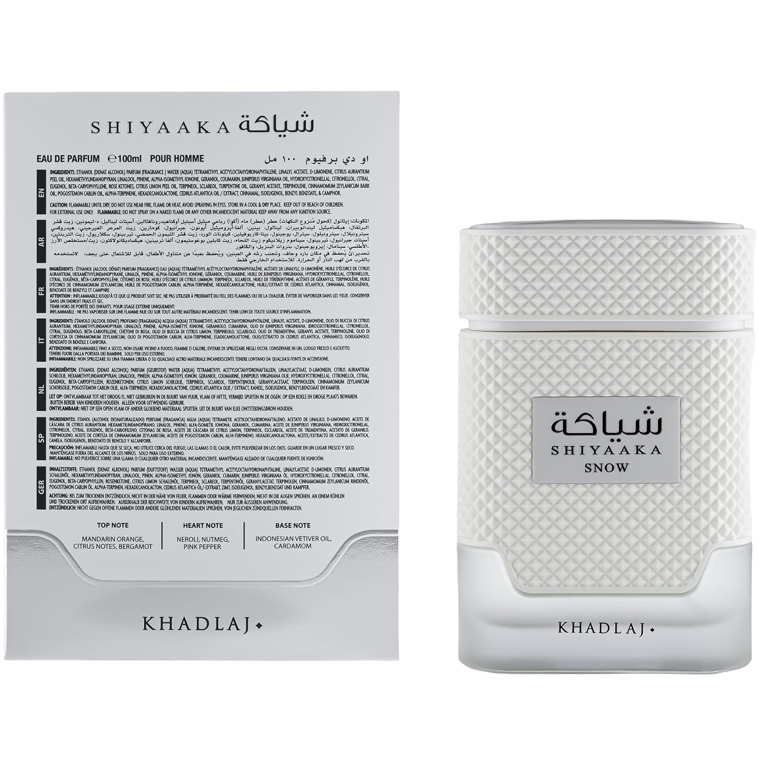 Khadlaj Shiyaaka Snow – Citrusy, Woody, Spicy, Aromatic – Eau De Parfum Spray-Long-Lasting Fragrance for Men, 3.4 Ounce / 100 ml