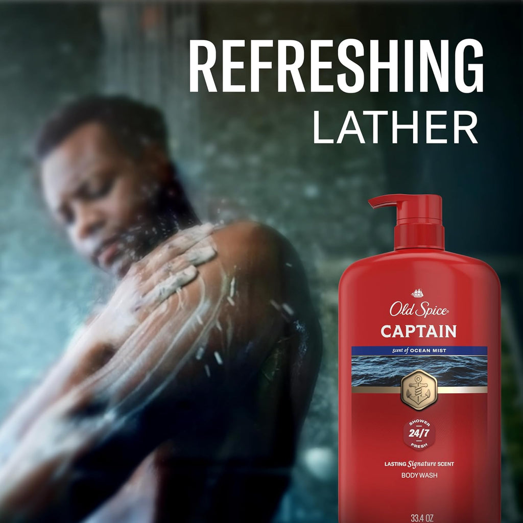 Old Spice Refreshing Body Wash For Men, 3X Defense, 24/7 Shower Fresh With Long Lasting Scent, Red Collection, Captain With Bergamot Scent, 33.4 Oz