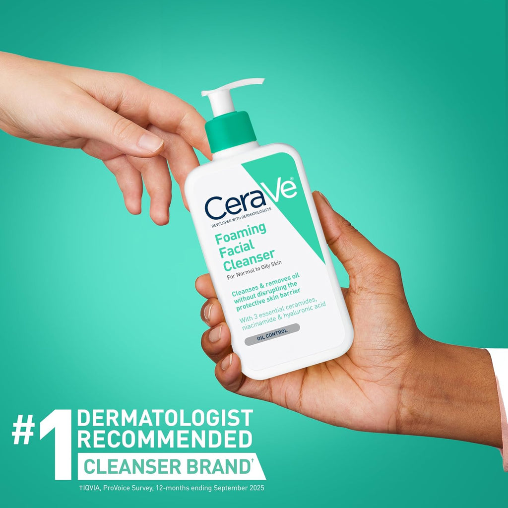 Cerave Foaming Facial Cleanser, Daily Face Wash For Oily Skin, Hyaluronic Acid + Ceramides + Niacinamide, Fragrance Free, Non-Drying Oil Control Face Wash, 16 Fluid Ounces