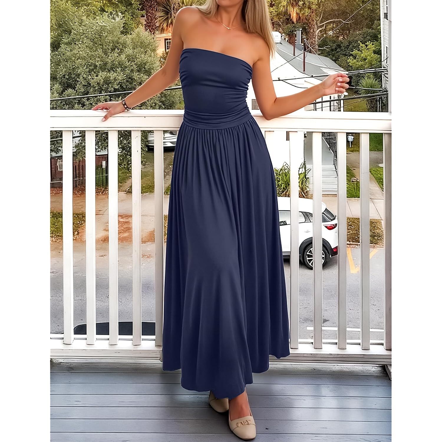 Zesica Women'S Summer Sleeveless Midi Dress 2026 Strapless Ruched A Line Flowy Wedding Guest Party Beach Long Dresses