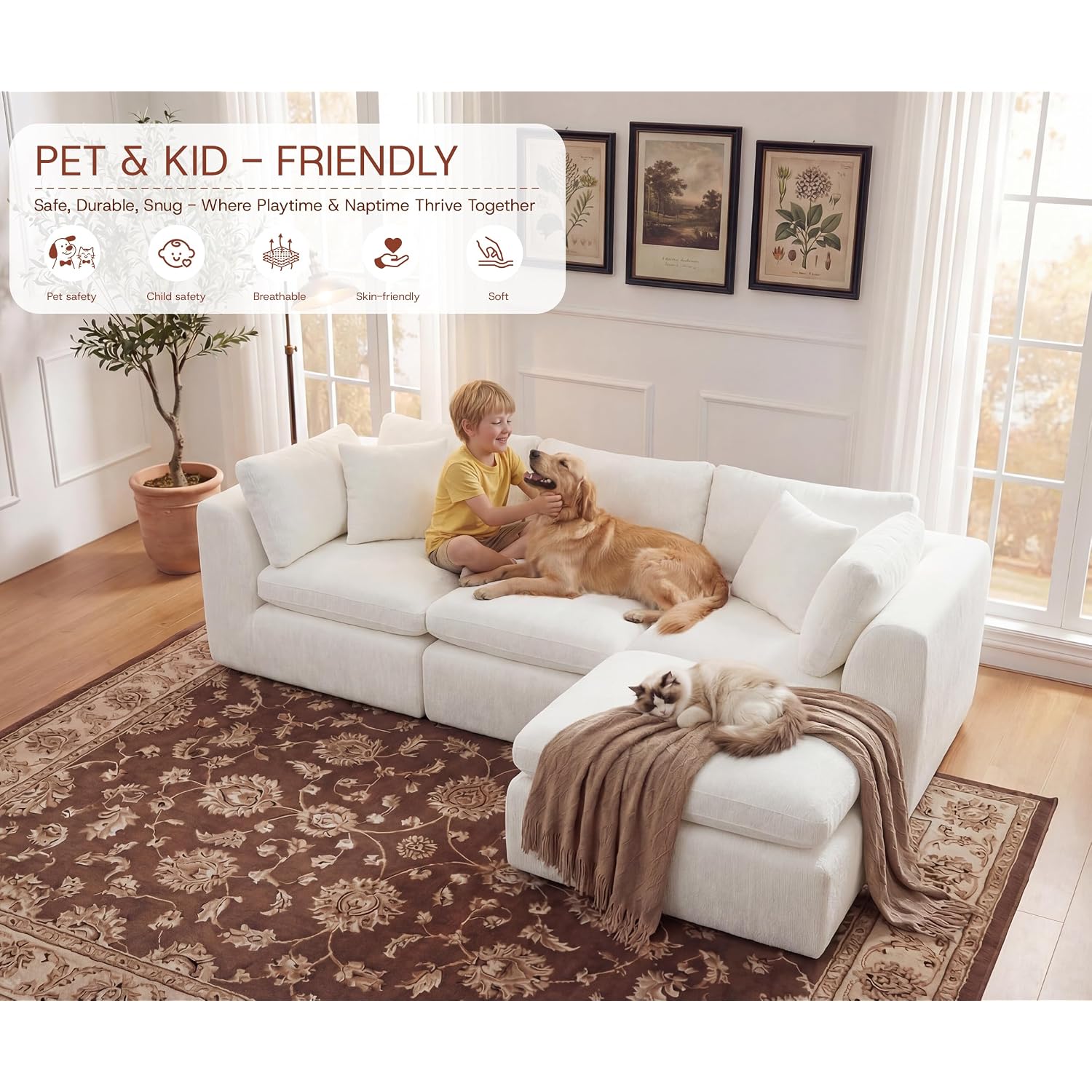 110'' Oversized Boneless Cloud Couch For Living Room, Modern Big Sectional Compressed L Shape Couch With Ottoman, Comfy Chenille Deep Seat Memory Foam Spineless 4 Seater Sofa, Beige