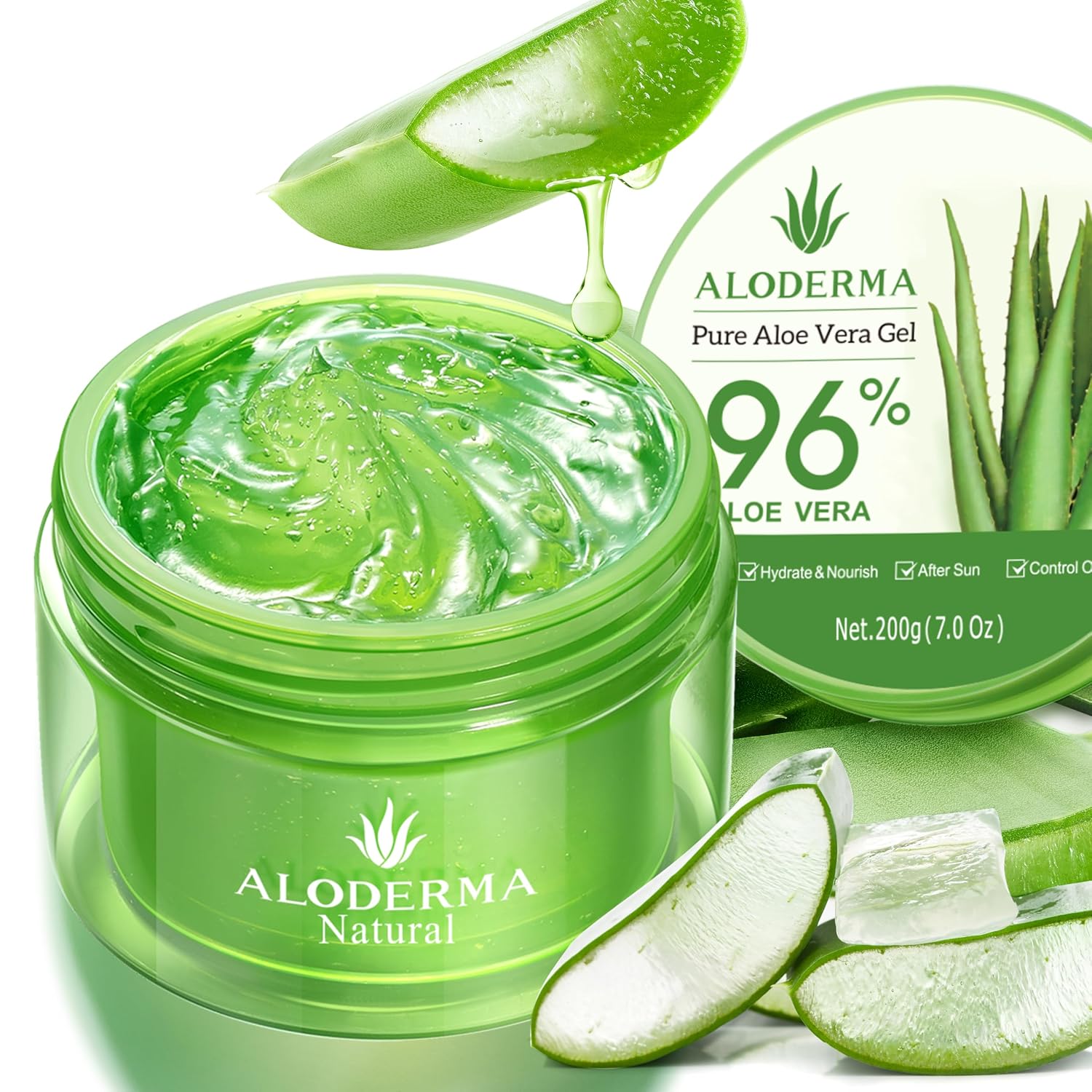 Aloderma Aloe Vera Gel Made Within 12 Hours Of Harvest With 96% Pure Organic Aloe Vera For Skin, Scalp, & Hair, Soothing Aloe Face Moisturizer, Multipurpose, Hydrating Aloe Gel, 7.05Oz
