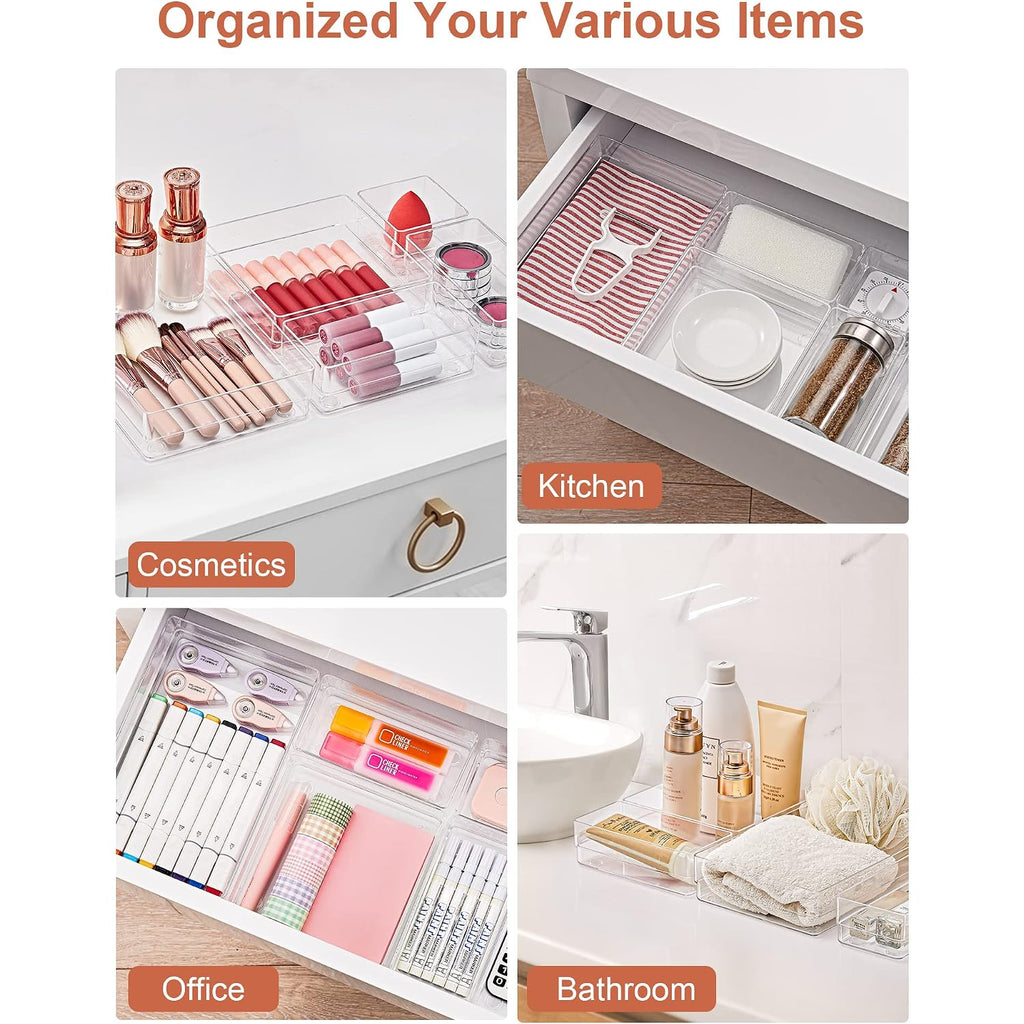 Smartake 13-Piece Drawer Organizer With Non-Slip Silicone Pads, 5-Size Desk Drawer Organizer Trays Storage Tray For Makeup, Jewelries, Utensils In Bedroom Dresser, Office And Kitchen (Clear)