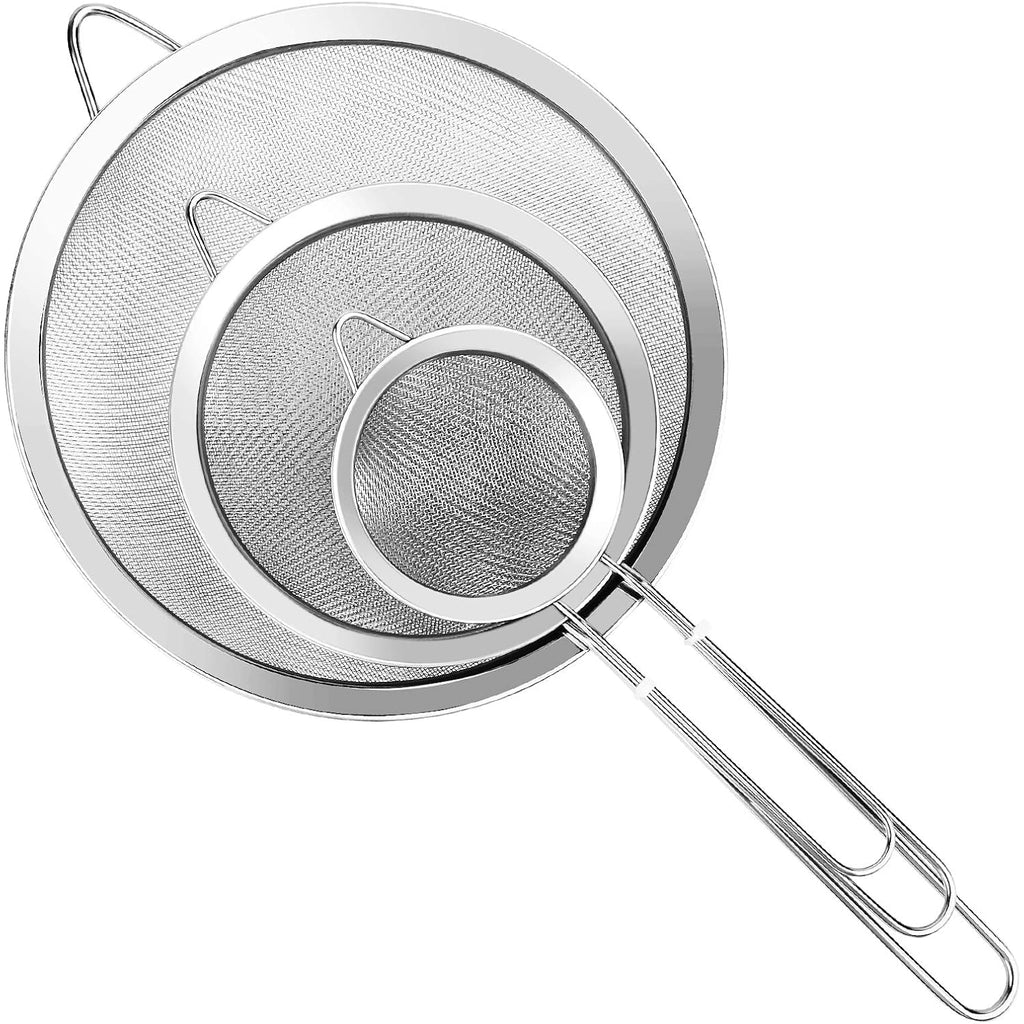 3Pcs Super Wire Extra Fine Mesh Strainer With Handle, Small Medium Large Size Sifter Metal Strainer Set, Stainless Steel Sieve Fine Mesh Strainers For Kitchen Rice Juice Quinoa Food Flour Baking Ylyl