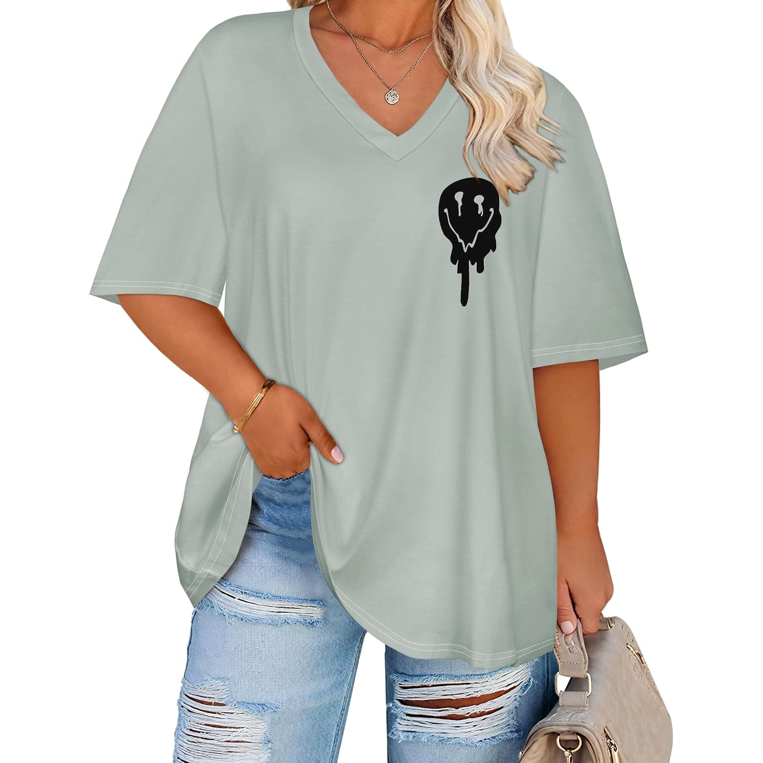 rosemia Plus Size Tops for Women Oversized Casual Tops V Neck Short Sleeves Basic Tees 2026 Green Smile