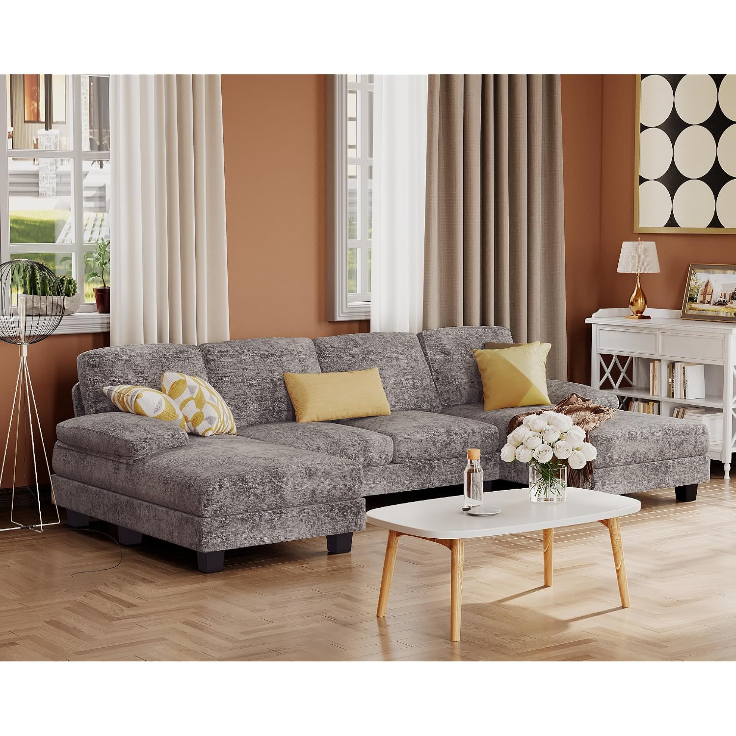 Furmax Sectional Couches For Living Room, U-Shaped Sofa Couch With Linen Fabric, 4 Seat Sofa Set With Double Chaise For Apartment (Chenille, Grey)