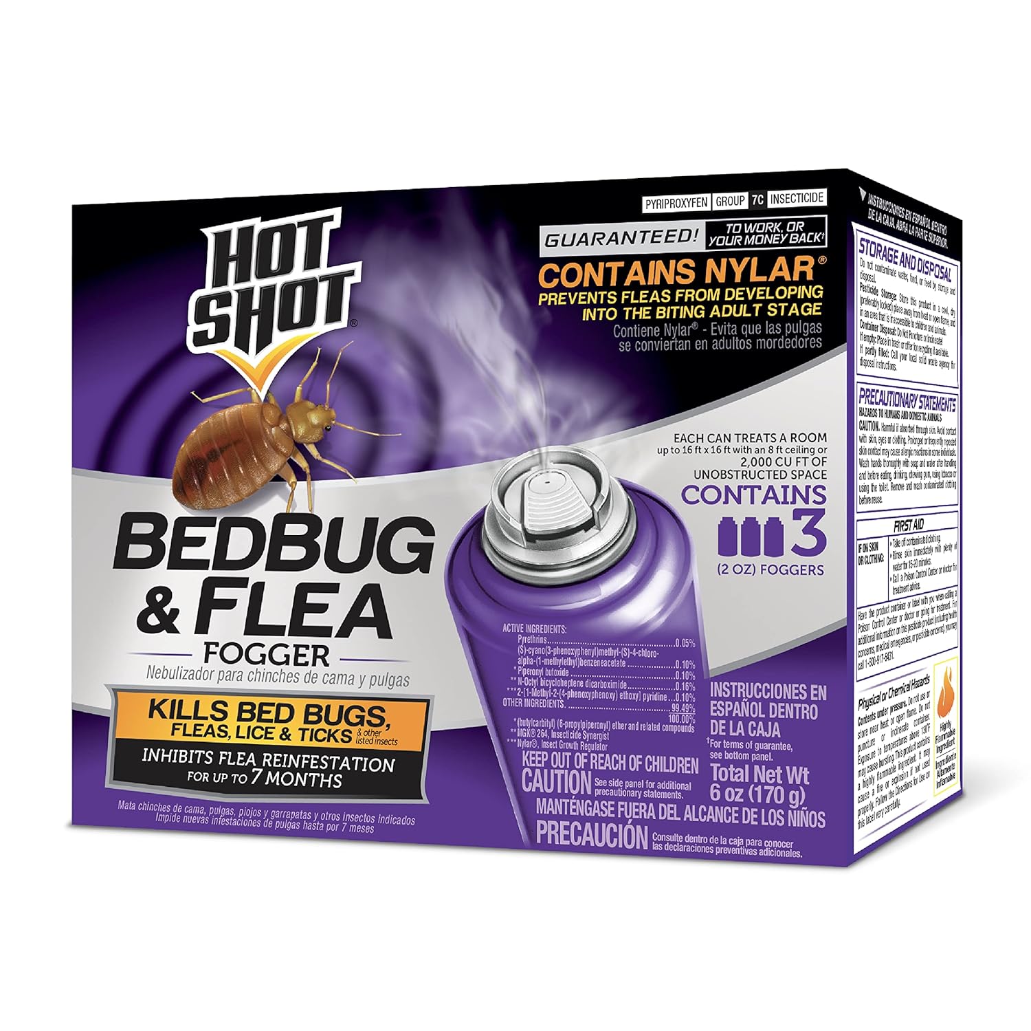 Hot Shot Bed Bug And Flea Fogger 3 Count-2 Ounce Cans, With Nylar, Inhibits Flea Reinfestation