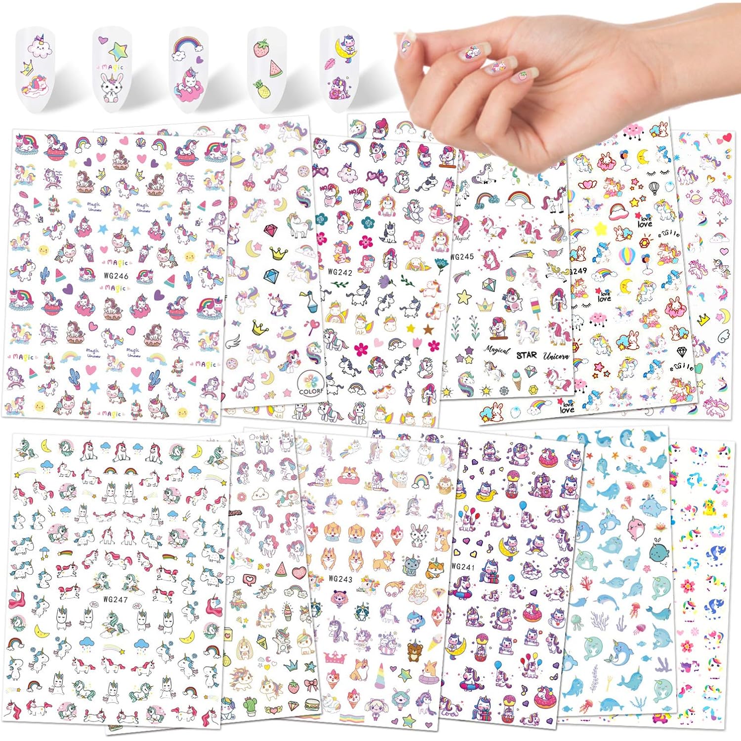 Konsait Nail Stickers Decals (1200 Designs), Self Adhesive 3D Nail Art Stickers Rainbow Diamond Nail Tips Decorations Manicure Decor for Kids Girls Birthday Party Favor Nail Salon Gift