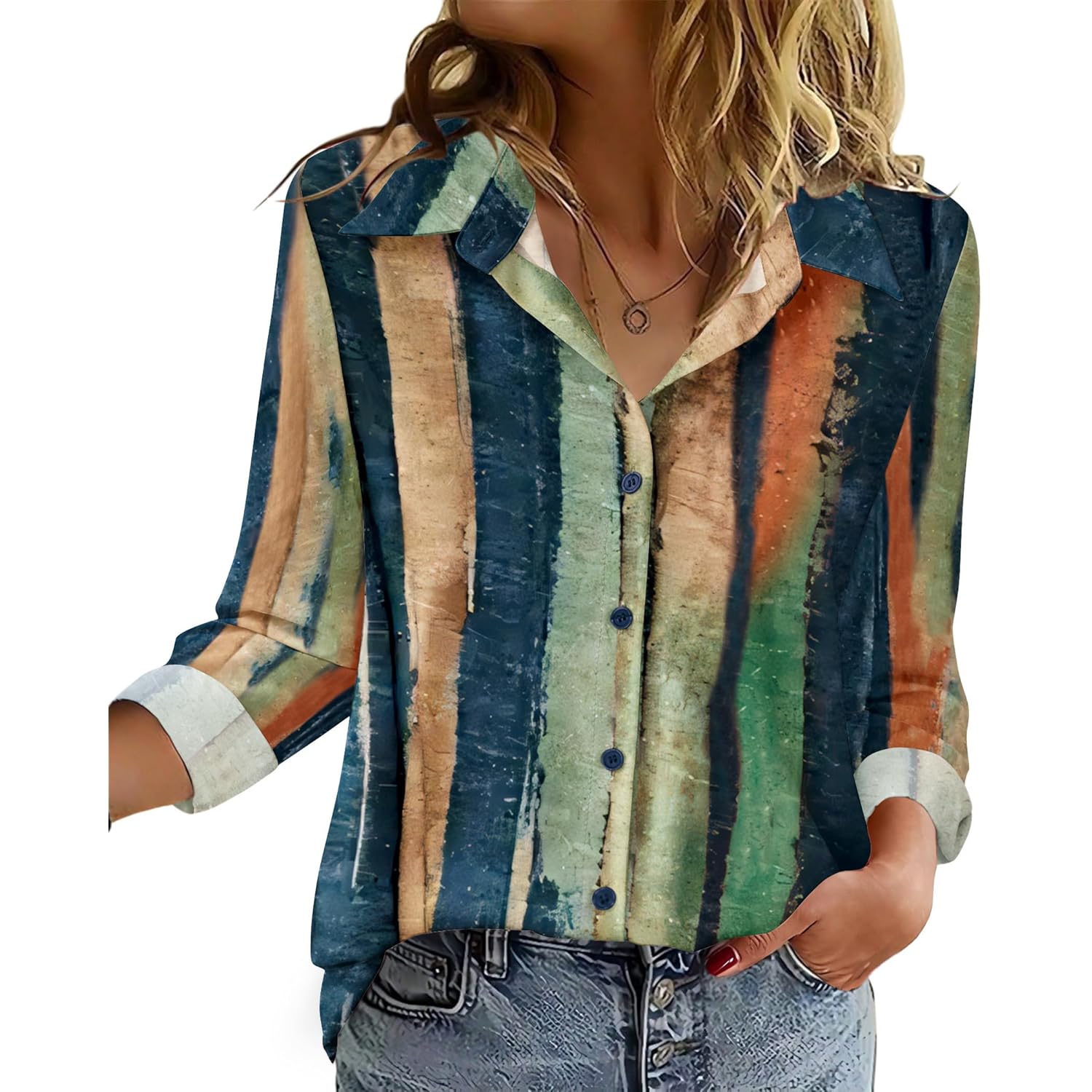 Blouse for Women Dressy Long Sleeve Button Down Shirts Business Casual Outfit Lightweight Solid/Printed Tops