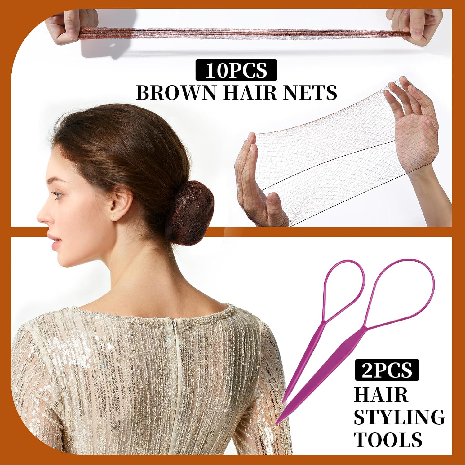 Teenitor Brown Bobby Pins Hair Pins Hair Net Kit, 11 Styles Bobby Pins For Women U Shaped Hair Pins, Hair Nets For Buns Spiral Pins, Hair Ties Hair Styling Tools For Women Girls Dance Ballet Brown