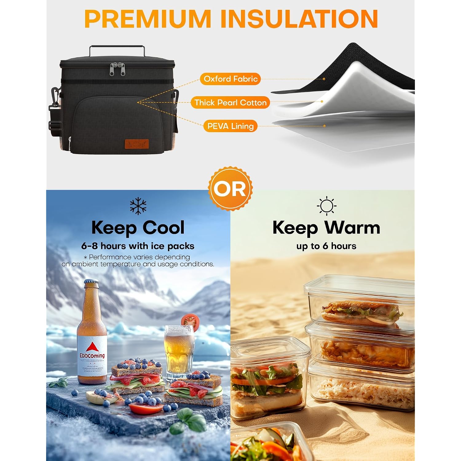 Hotor Insulated Lunch Box For Men & Women - Leak-Proof Cooler Lunch Bag With 4 Pockets, Adjustable Strap, Ideal For Work, Picnic, Travel - Medium, Black, 10.2"×6.9"×8.5"