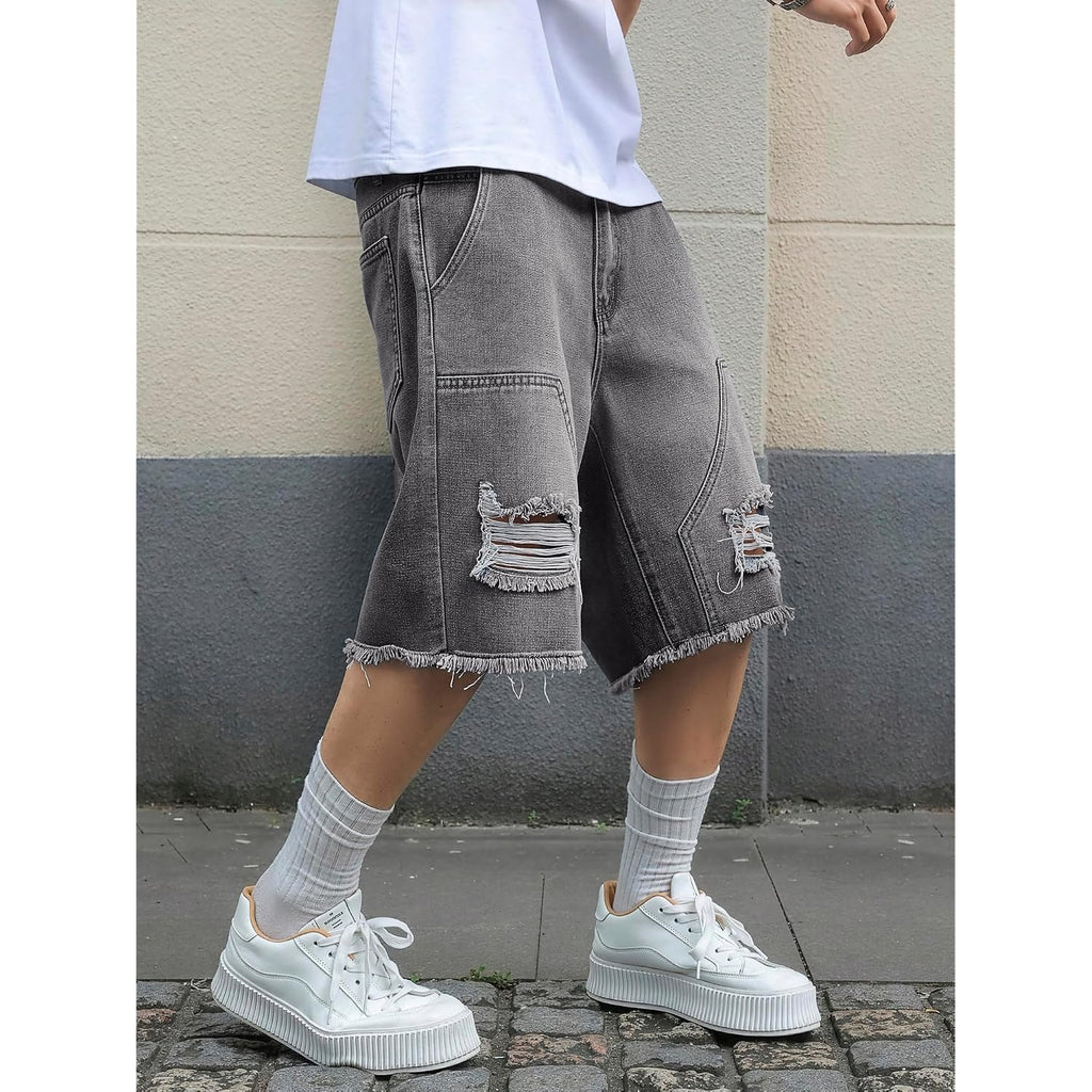 Mens Y2K Carpenter Baggy Jean Shorts, Ripped Jorts Wide Leg, Distressed Cargo Long Denim Shorts Loose Fit Streetwear Summer