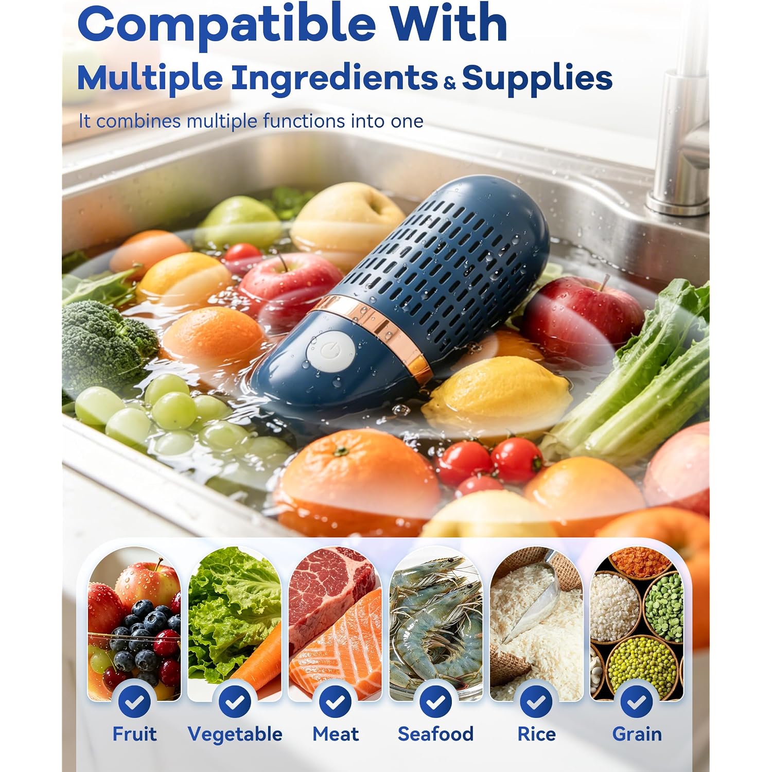 Produce Cleaner & Vegetable Cleaner With Oh-Ion Technology, Wireless Rechargeable Food Washer For Fruits, Veggies, Rice & Utensils, Ipx7 Waterproof 10-Min Automatic Cleaning For Kitchen (Blue)