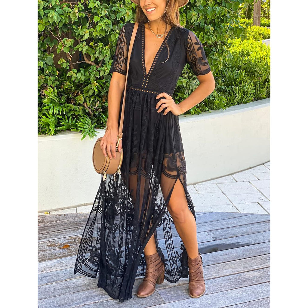 Women'S Deep V-Neck Lace Romper Short Sleeve Long Dress