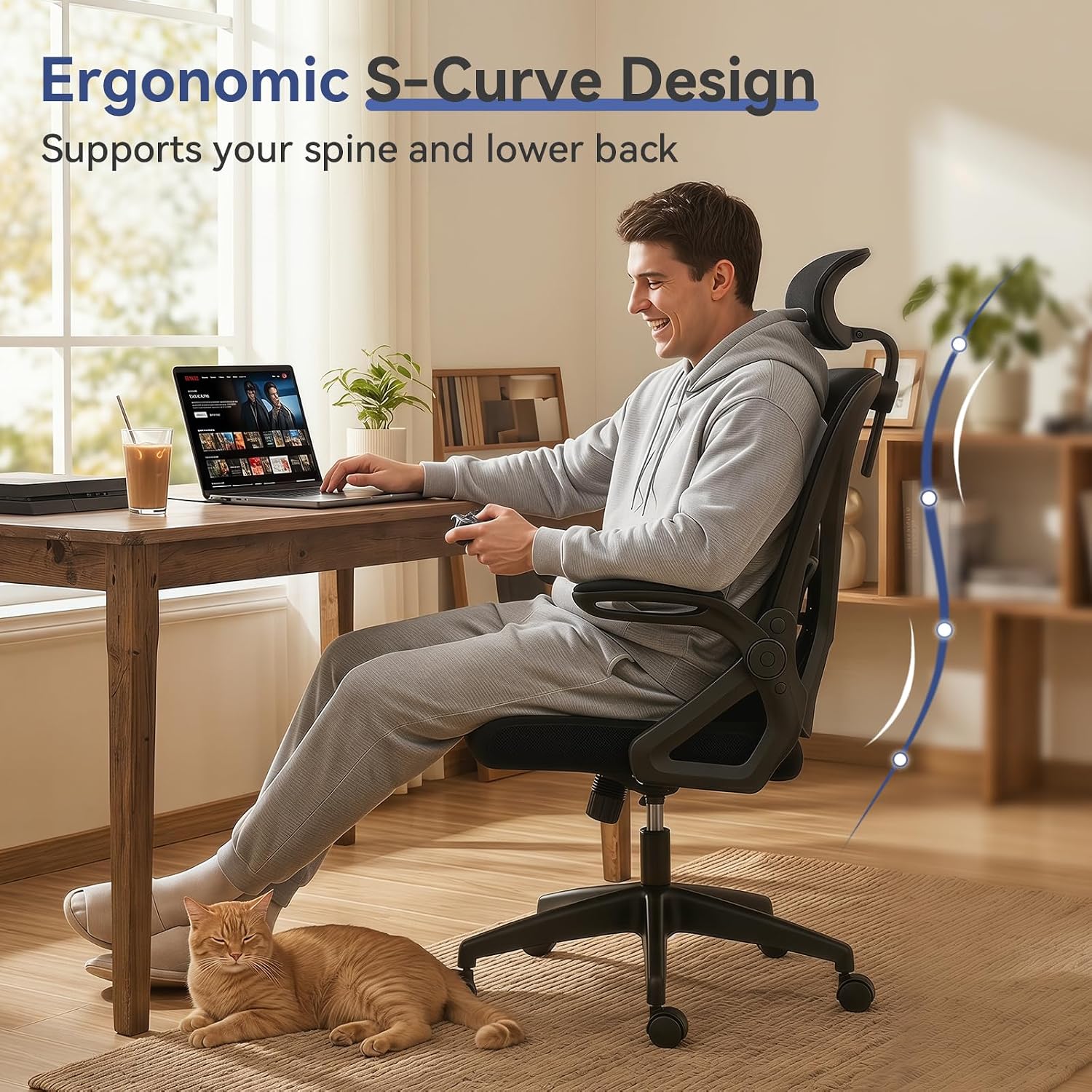 Mesh Office Chair With Adjustable Lumbar Support, Ergonomic High Back Desk Chair With Headrest, Swivel Rolling Computer Chair For Home Office (Black)