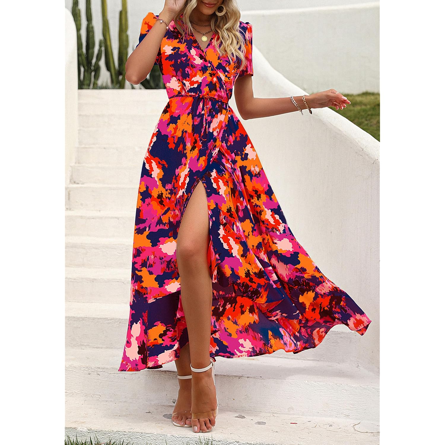Prettygarden Women'S Boho Floral Maxi Dress Summer Short Sleeve Wrap V Neck Long Flowy Beach Vacation Wedding Guest Dresses