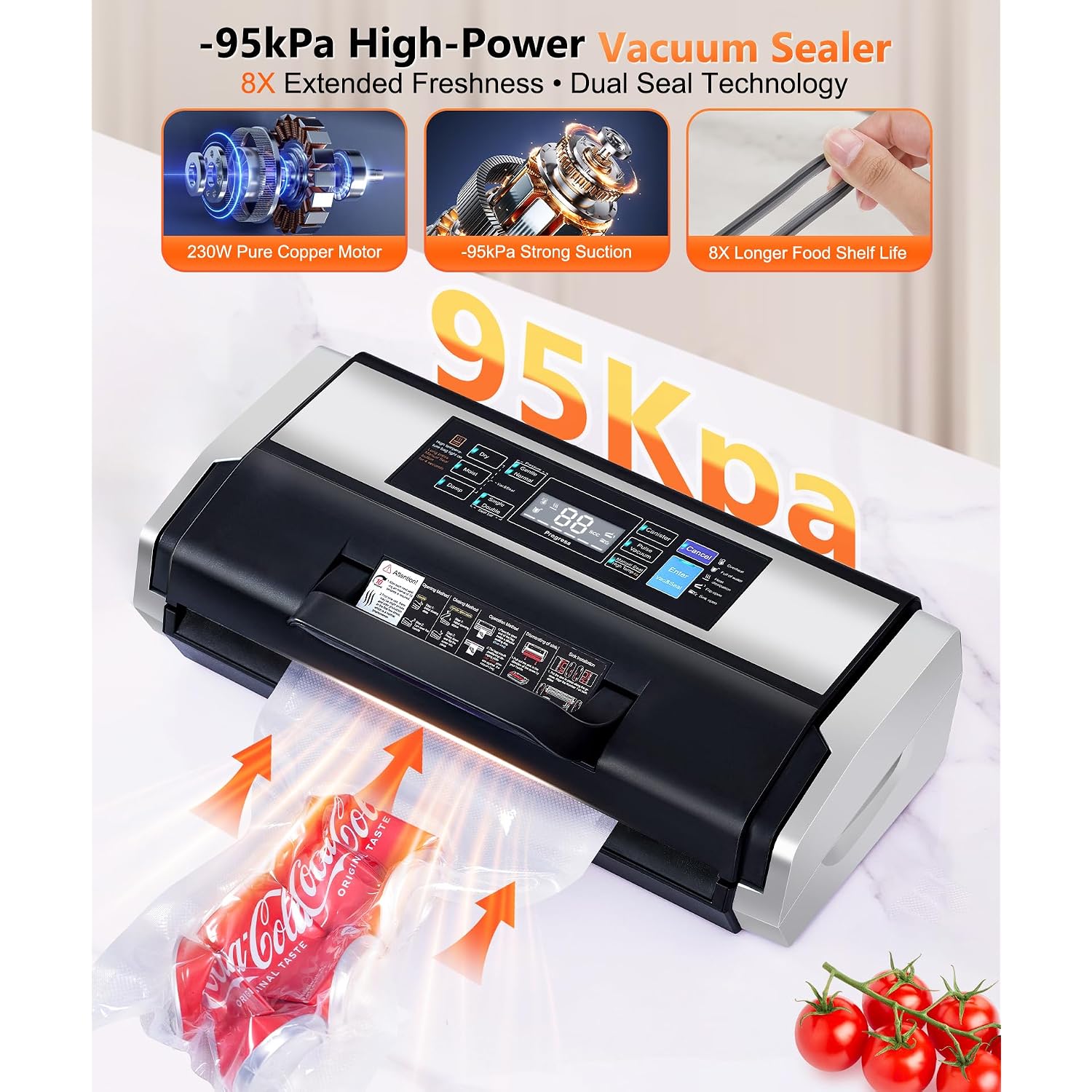 95Kpa Vacuum Sealer Machine- Fully Automatic Commercial Food Sealer With 10-In-1 System, Double Heat Seal, Easy-Lock Handle & Built-In Cutter, Includes 1 Roll + 15 Bags (Black Silver)