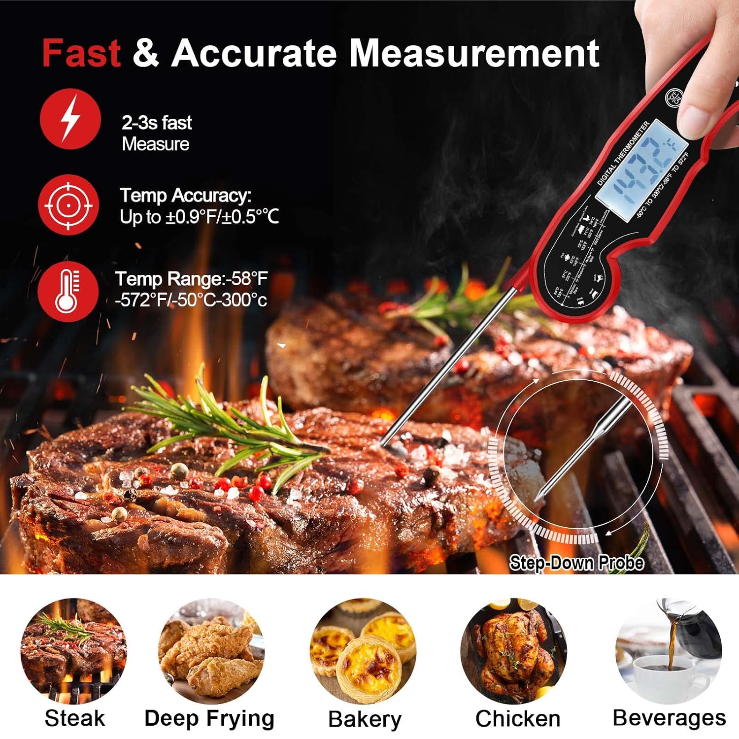 Meat Thermometer Digital For Grilling And Cooking - Andaxin Waterproof Ultra-Fast Instant Read Food Thermometers With Backlight & Calibration For Kitchen, Deep Fry, Bbq, Grill(Red/Black), Lcd