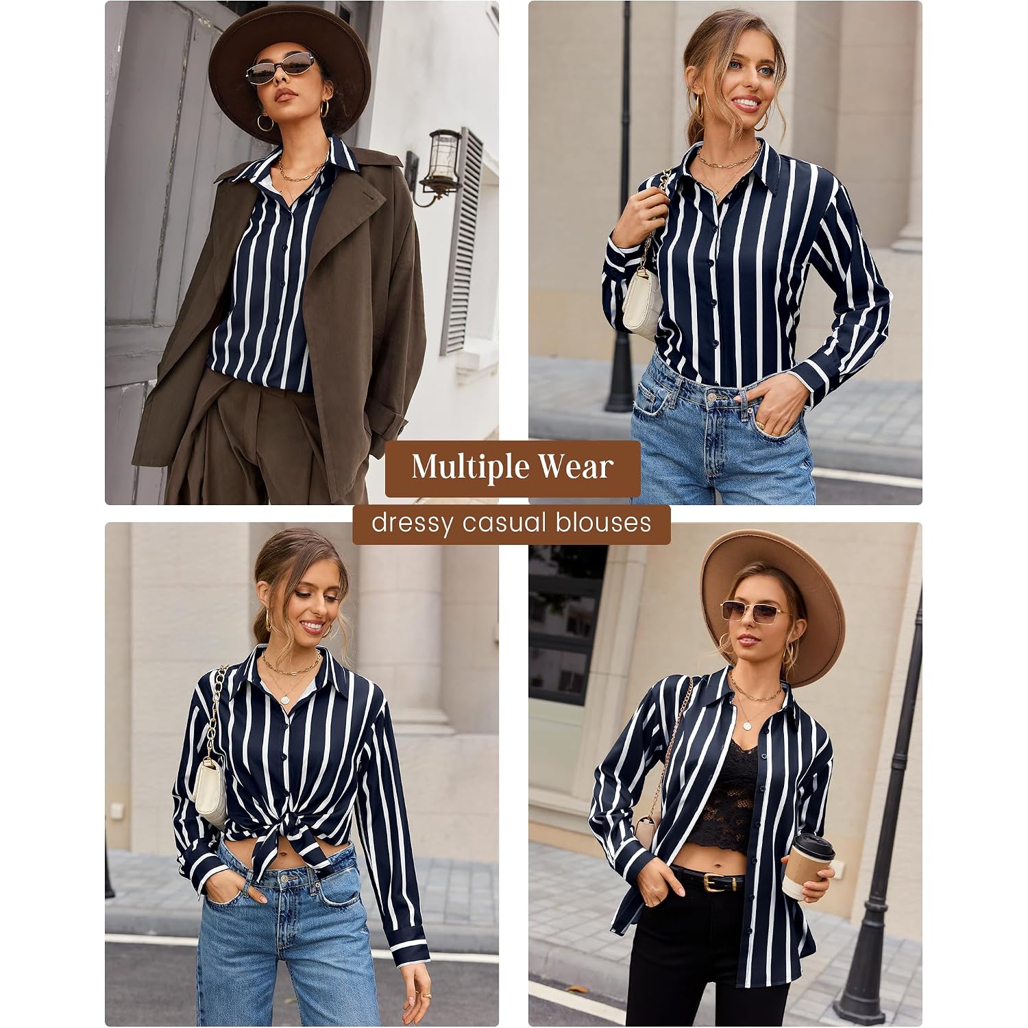 Siliteelon Button Down Shirts For Women Striped Long Sleeve Oversized Boyfriend Blouses Collared Work Drop Shoulder Tops