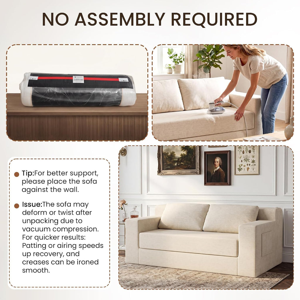 71" Boneless Loveseat Couch,Chenille Pullout Futon Couch,4 In 1 Folding 3 Seater Sofa Bed For Living Room,Boneless Cloud Couch With Storage Pocket & 2 Pillows,Beige