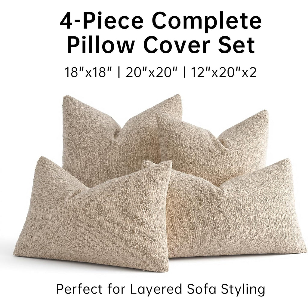 Topfinel Beige White Boucle Pillow Cover Set of 4 Complete Sofa Layering Set Modern Farmhouse & Neutral Chair Sofa Couch Bedding Room Decor (12"x20"x2,18"x18",20"x20")