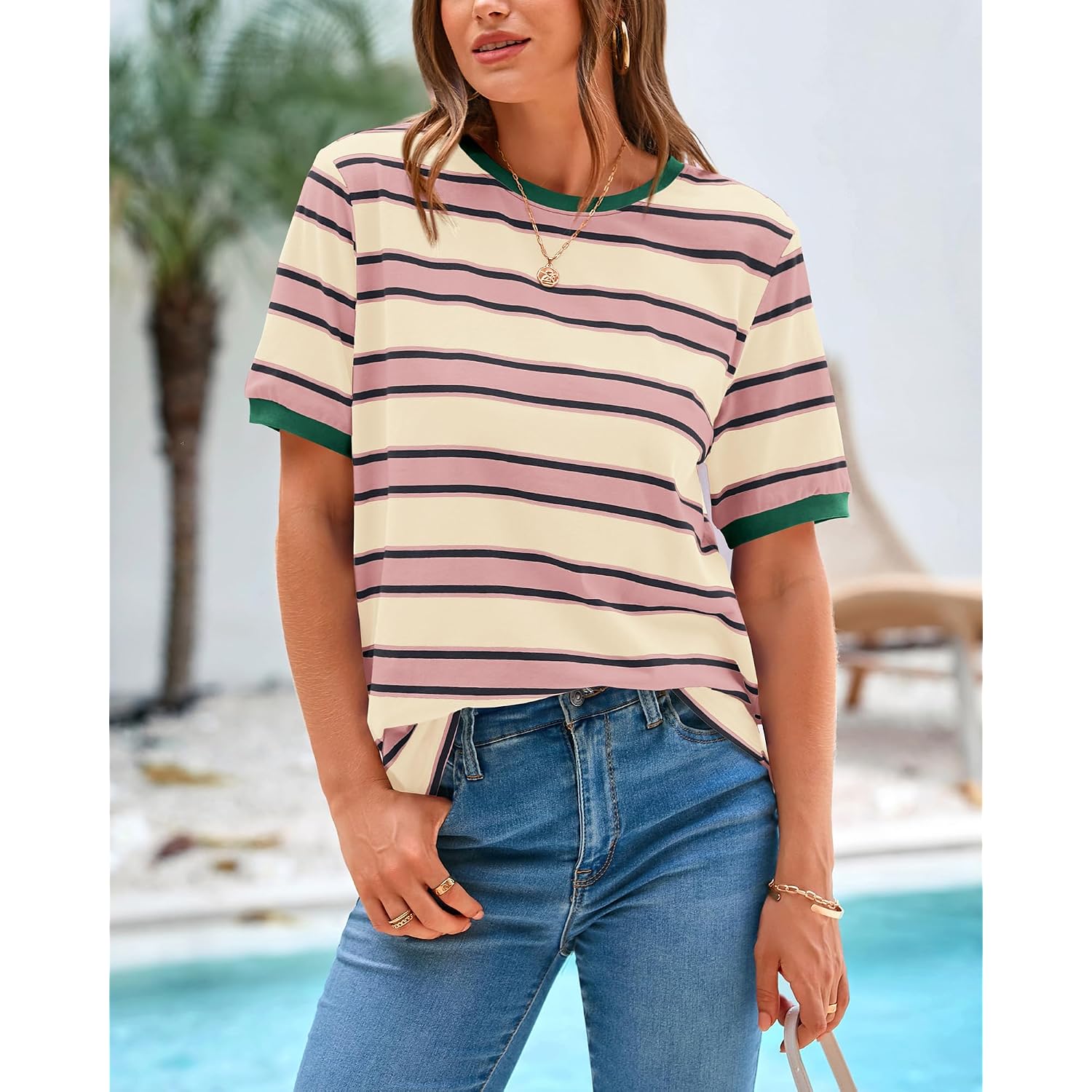 Btfbm Summer Tops For Women 2026 Crewneck Short Sleeve Striped T Shirts Casual Spring Clothes Color Block Basic Tee Blouses