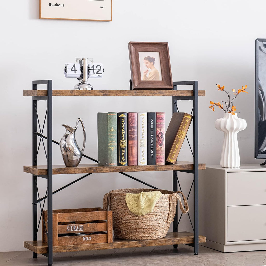 Hchqhs 3-Tier Industrial Bookshelf, 35" W X 12" D X 35" H | 1.2" Shelf Thickness, 14.17" Shelf Height, Wood And Metal, Horizontal, Rustic Brown, For Office Living Room Bedroom
