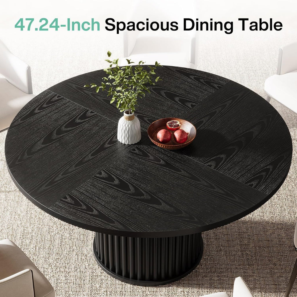 Tribesigns 47.24-Inch Black Round Dining Table For 4-6 People, Modern Fluted Mdf + Metal Base Kitchen Table, Sturdy Circle Dining Room Furniture, Black