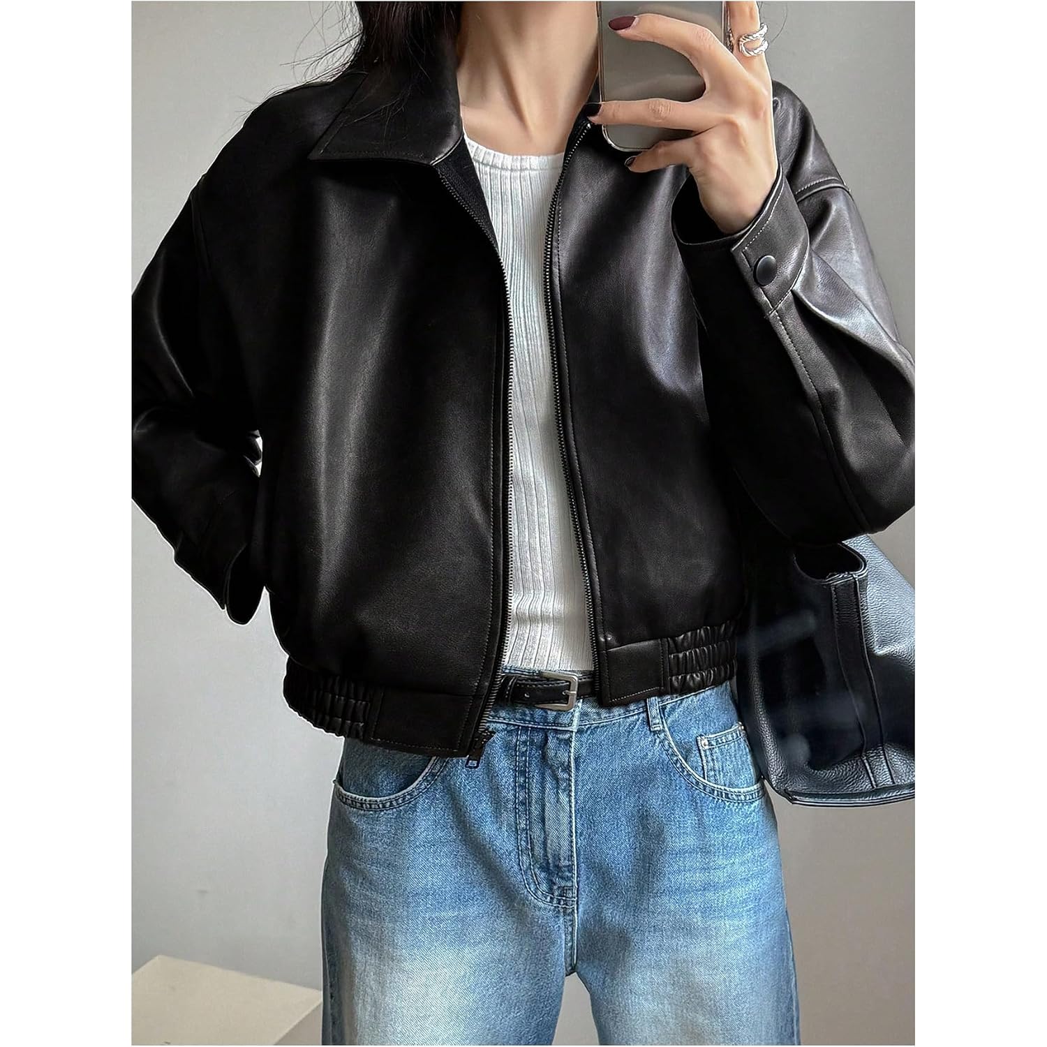 Milumia Women'S Faux Leather Zip Up Jacket Vintage Collared Long Sleeve Motorcycle Jackets