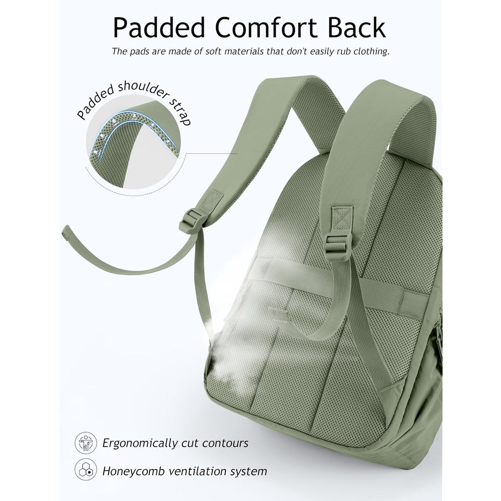 Travel Backpack For Women, 15.6 Inch Laptop Backpack, Quilted College Bookbag, Cute Work Backpacks, Water Resistant (Sage Green)