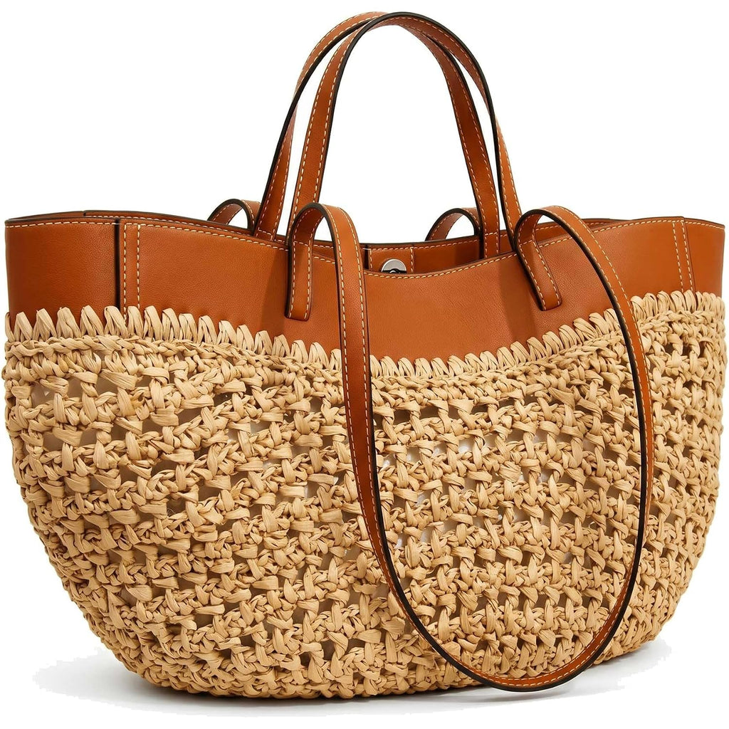 Straw Beach Bags For Women, Boho Summer Purse Tote With Pu Shoulder Strap