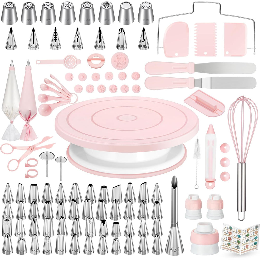 Kootek 158Pcs Cake Decorating Kit, Baking Supplies Tools - Includes Cake Stand Turntable, 64 Icing Piping Tips Set, 2 Frosting Spatulas, 3 Scrapers, 50+2 Pastry Bags, Coupler, Video Tutorial, Booklet