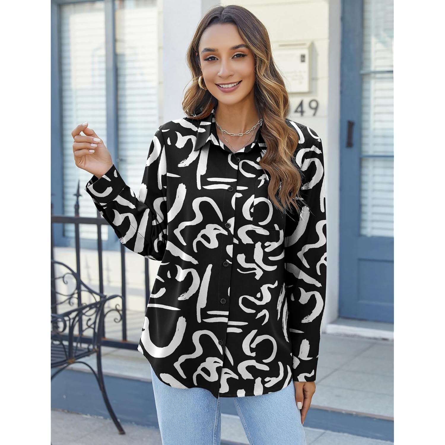 Womens Button Down Shirts Long Sleeve Dress Shirts Casual V Neck Collared Tops Work Office Blouse with Pocket