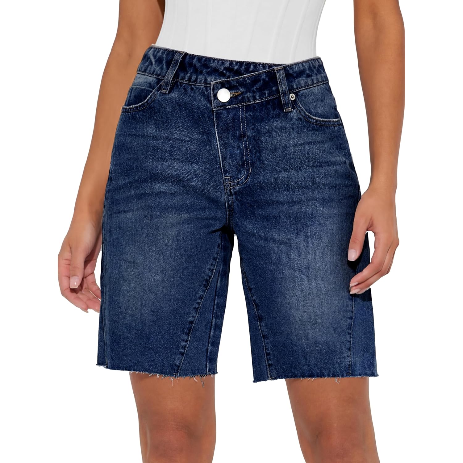 Womens Bermuda Jean Shorts 2026 Summer Knee Length Stretchy Crossover Wide Leg Mid Waisted Casual Denim Shorts Jorts