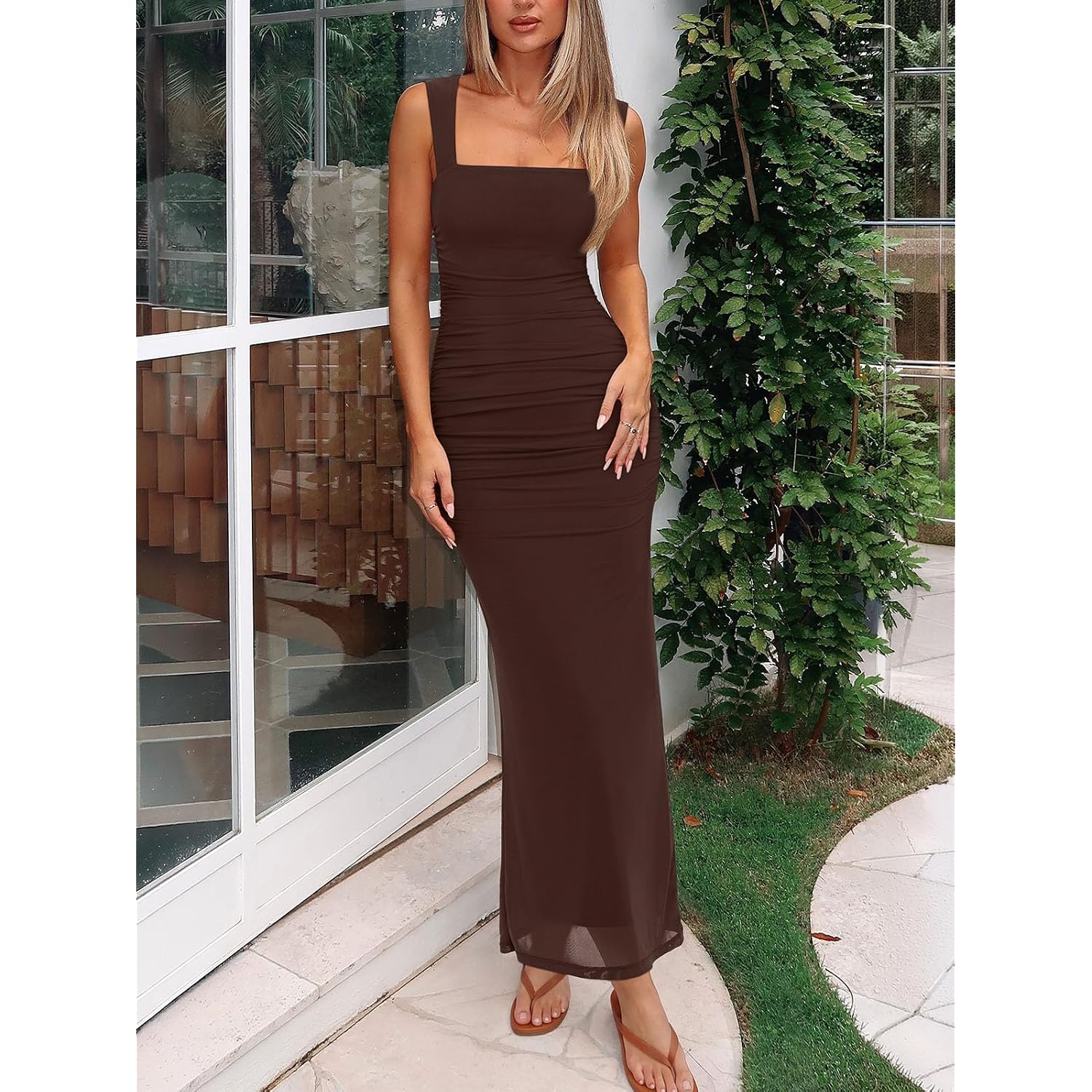 Reoria Summer Wedding Guest Maxi Dresses For Women | Sleeveless,Square Neck,Sheer Mesh,Ruched,Slim,Bodycon,Formal,Elegant Long Dress,Cocktail,Club Nightout,2026 Trendy Clothes