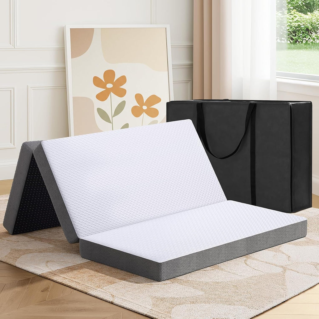 Masvis Trifold Mattress, 4 Inch Memory Foam Foldable Mattress With Washable Cover, Tri-Folding Floor Bed For Camping, Twin