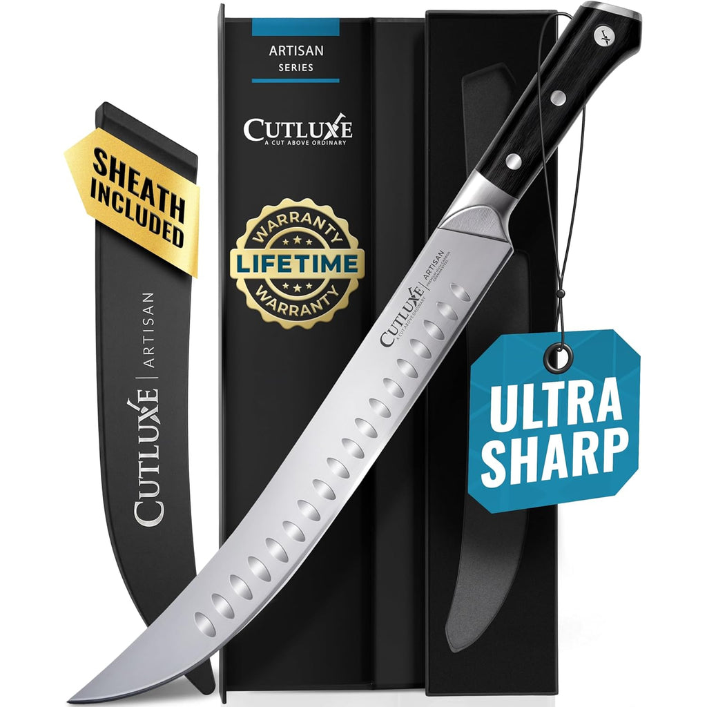 Cutluxe Butcher Knife – 10″ Cimeter Breaking Knife, Razor Sharp Forged High Carbon German Steel, Full Tang Meat Carving Knife, Ergonomic Handle Design, Grilling Gifts for Men – Artisan Series