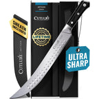 Cutluxe Butcher Knife – 10″ Cimeter Breaking Knife, Razor Sharp Forged High Carbon German Steel, Full Tang Meat Carving Knife, Ergonomic Handle Design, Grilling Gifts for Men – Artisan Series