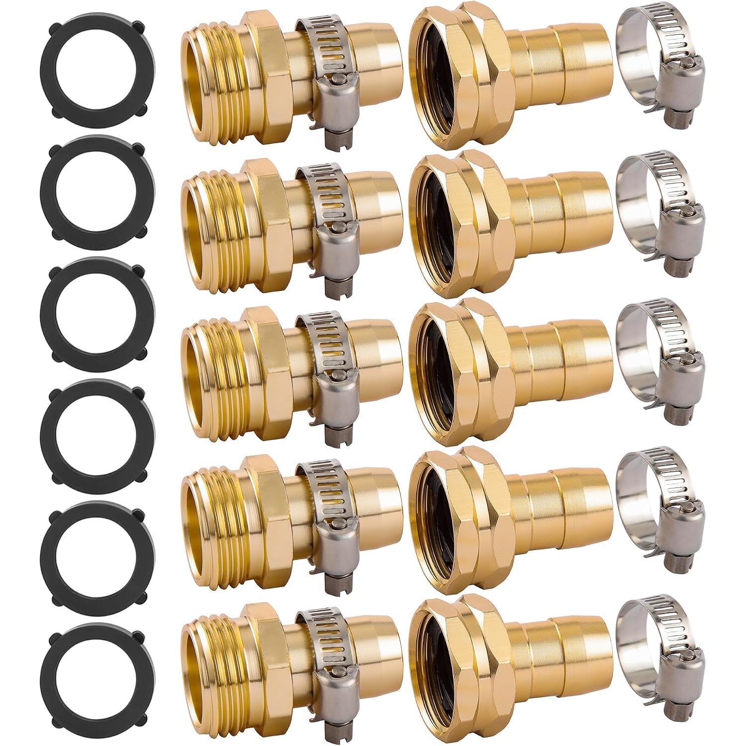 Garden Hose Repair Connector Kit, Fit For 3/4" Or 5/8" Garden Hose Fitting | 5 Set Male And Female Hose Adapter, Water Hose Repair Kit With Clamps