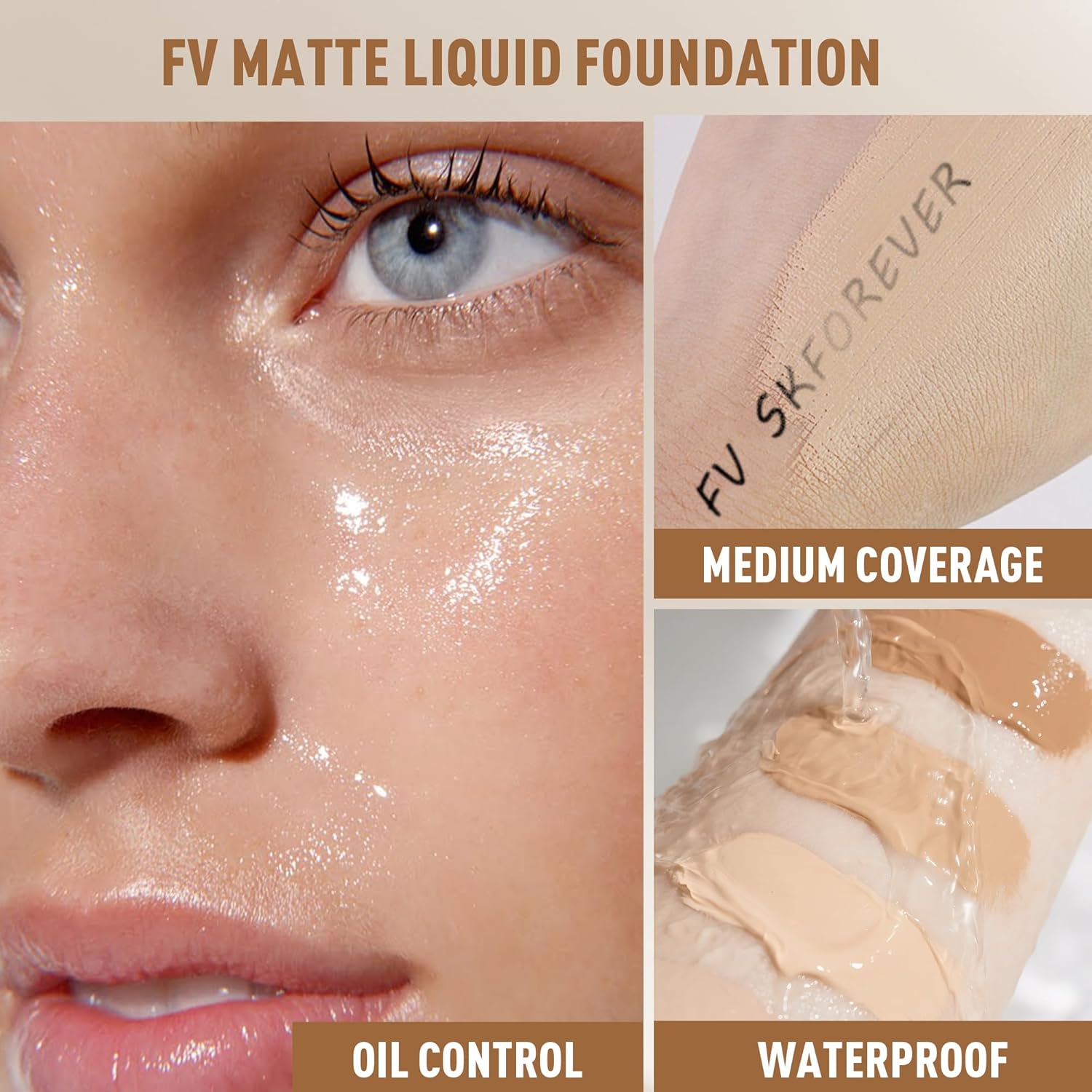 FV 2 Pack Waterproof Foundation, Lightweight & Medium Coverage Foundation with Matte Finish, Oil Control Long Lasting Liquid Foundation Makeup for Oily Normal Skin (Natural Beige, 1.05 fl.oz)