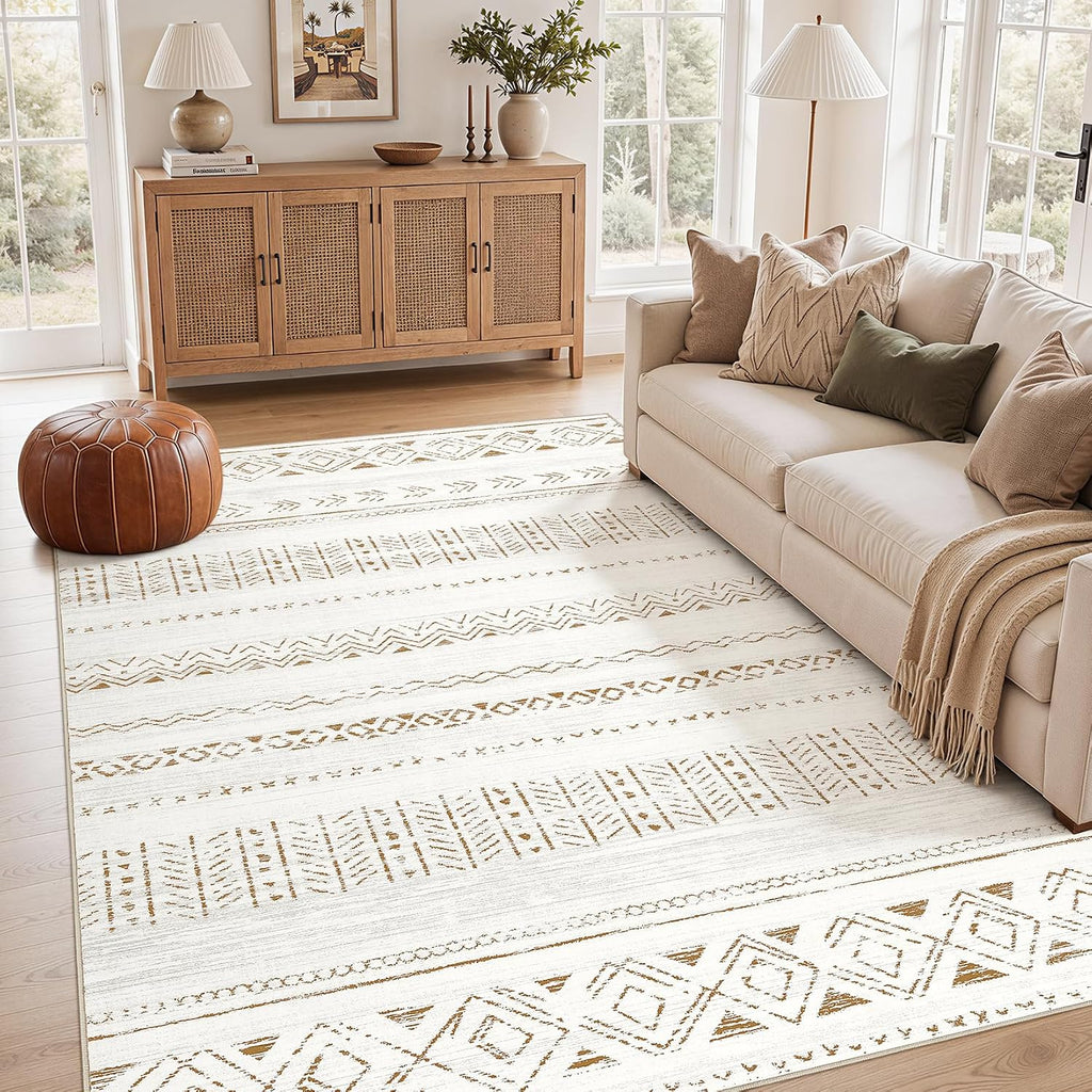 5X7 Area Rugs Living Room Rug: Washable Boho Rugs With Non Slip Backing Large Soft Indoor Stain Resistant Carpet For Bedroom Farmhouse Dining Room Lightweight Home Decor Brown/Cream