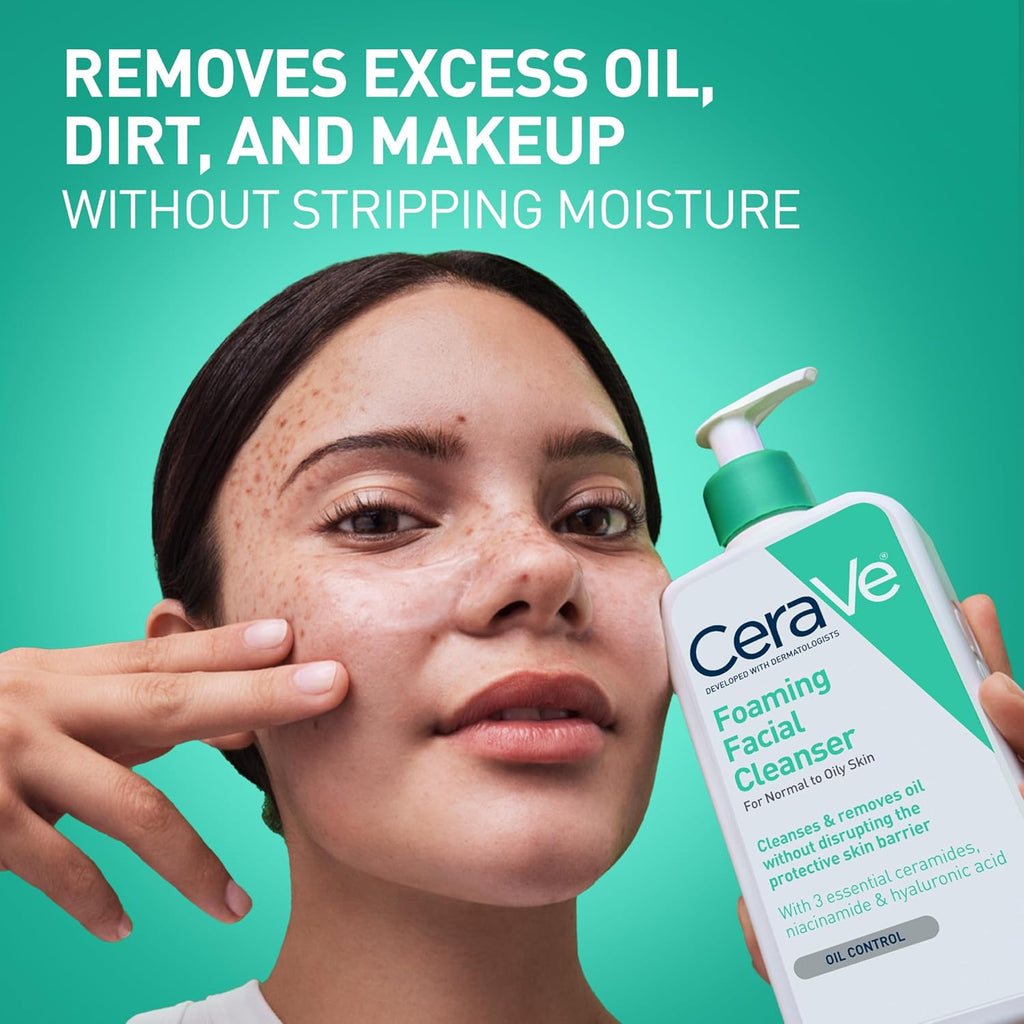 Cerave Foaming Facial Cleanser, Daily Face Wash For Oily Skin, Hyaluronic Acid + Ceramides + Niacinamide, Fragrance Free, Non-Drying Oil Control Face Wash, 16 Fluid Ounces