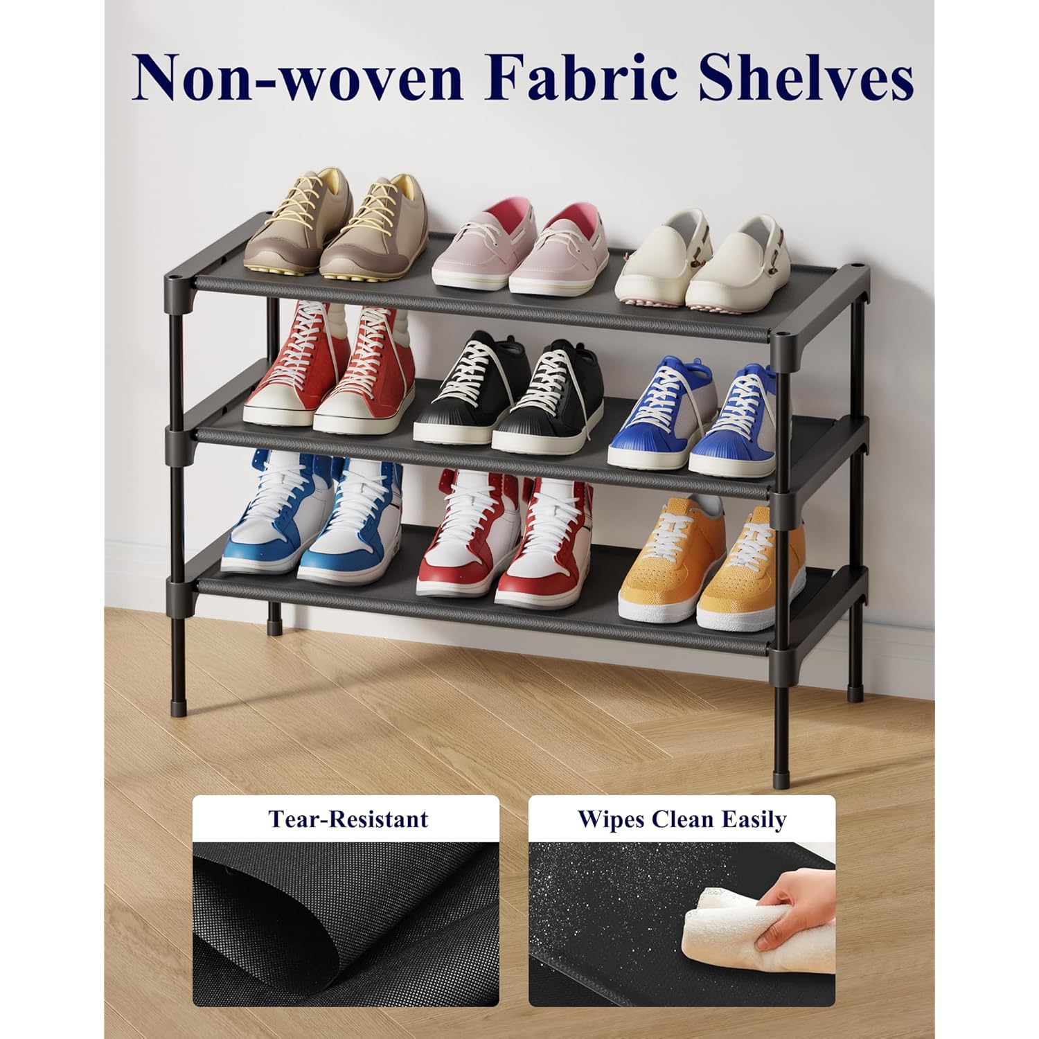Kitsure Shoe Rack - Non-Woven Shoe Rack Shelf, Shoe Organizer for Closet, Entryway, Garage & Corridor, Stackable Shoe Shelves, 27.5" Wide - 3 Tier, Black