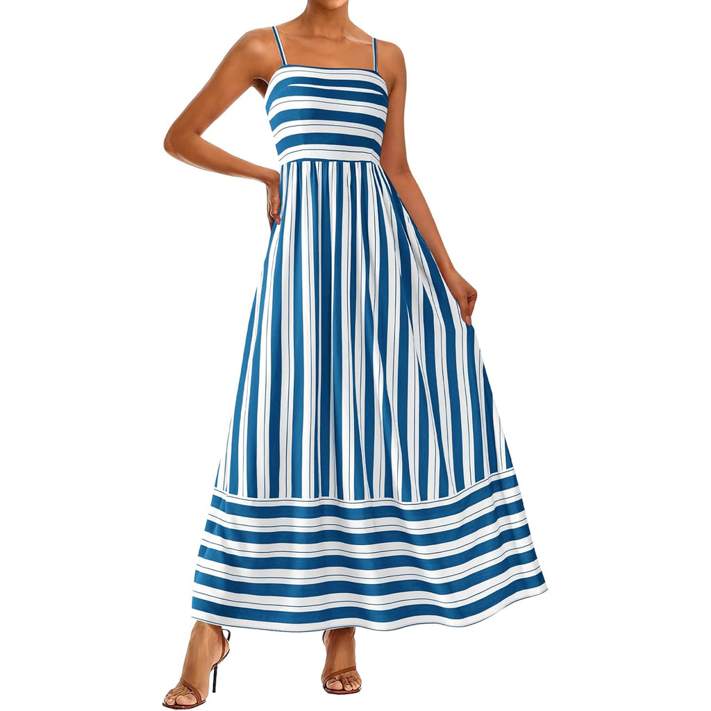 Prettygarden Women Summer Maxi Dresses 2026 Spaghetti Strap Boho Floral Striped Wedding Guest Beach Vacation Flowy Long Dress