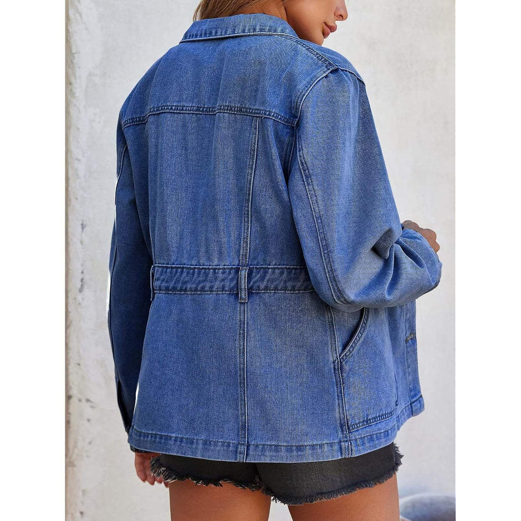 Tankaneo Denim Jacket For Women Distressed Jean Jacket Button Down Oversized Shacket With Pockets