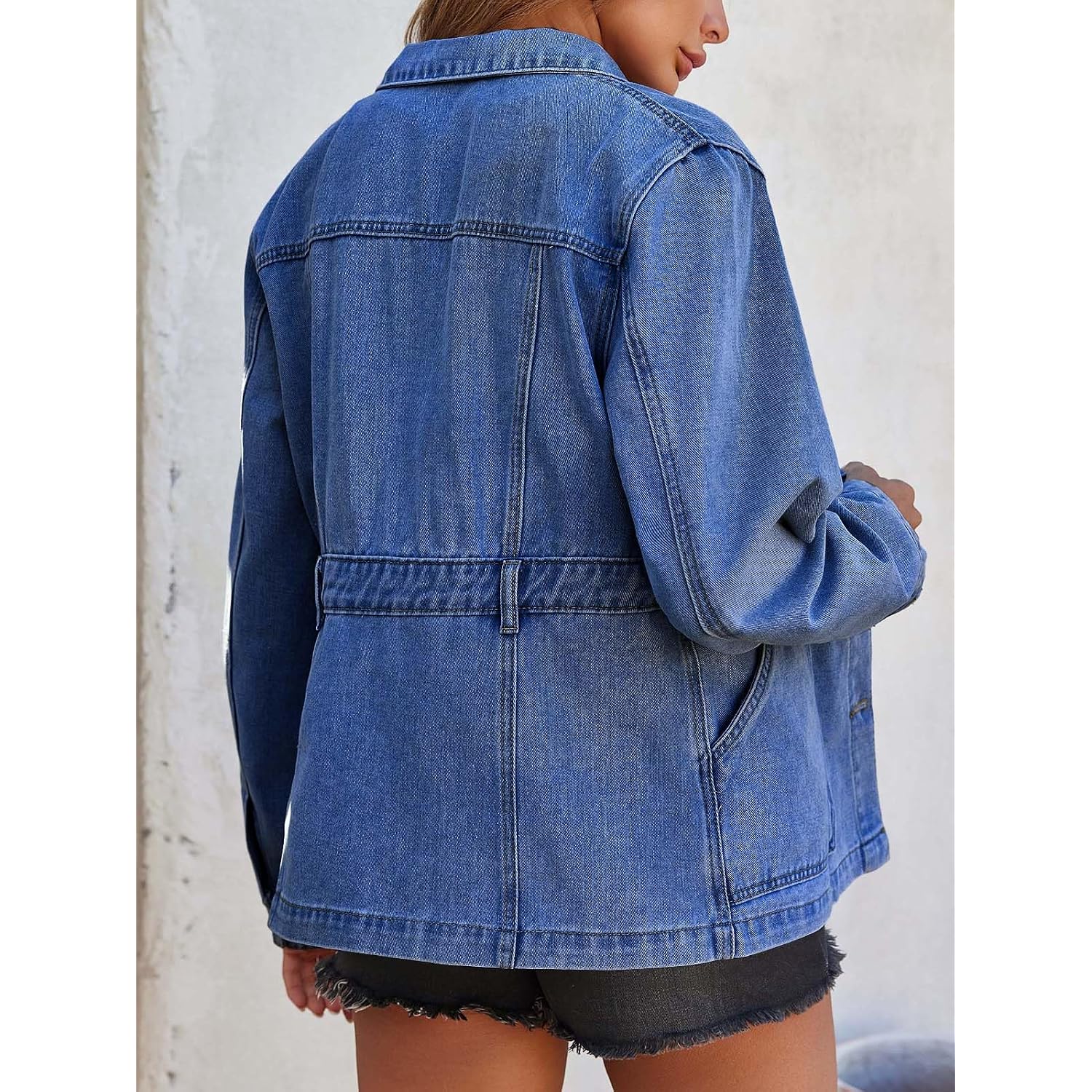 Tankaneo Denim Jacket For Women Distressed Jean Jacket Button Down Oversized Shacket With Pockets